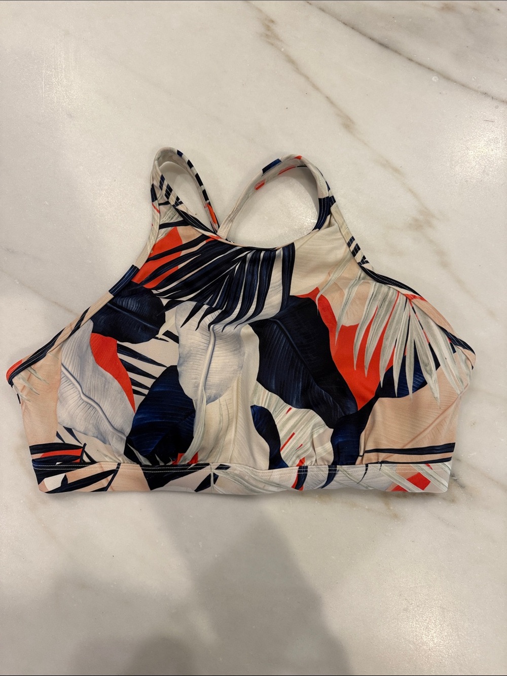 Athleta Navy, Coral & Cream High-Neck Sports Bra NWoT